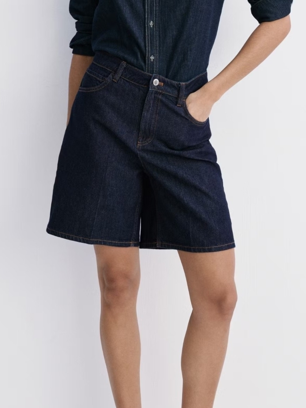 MANGO Camilla High Waist Denim Bermuda Shorts Jorts Dark Wash